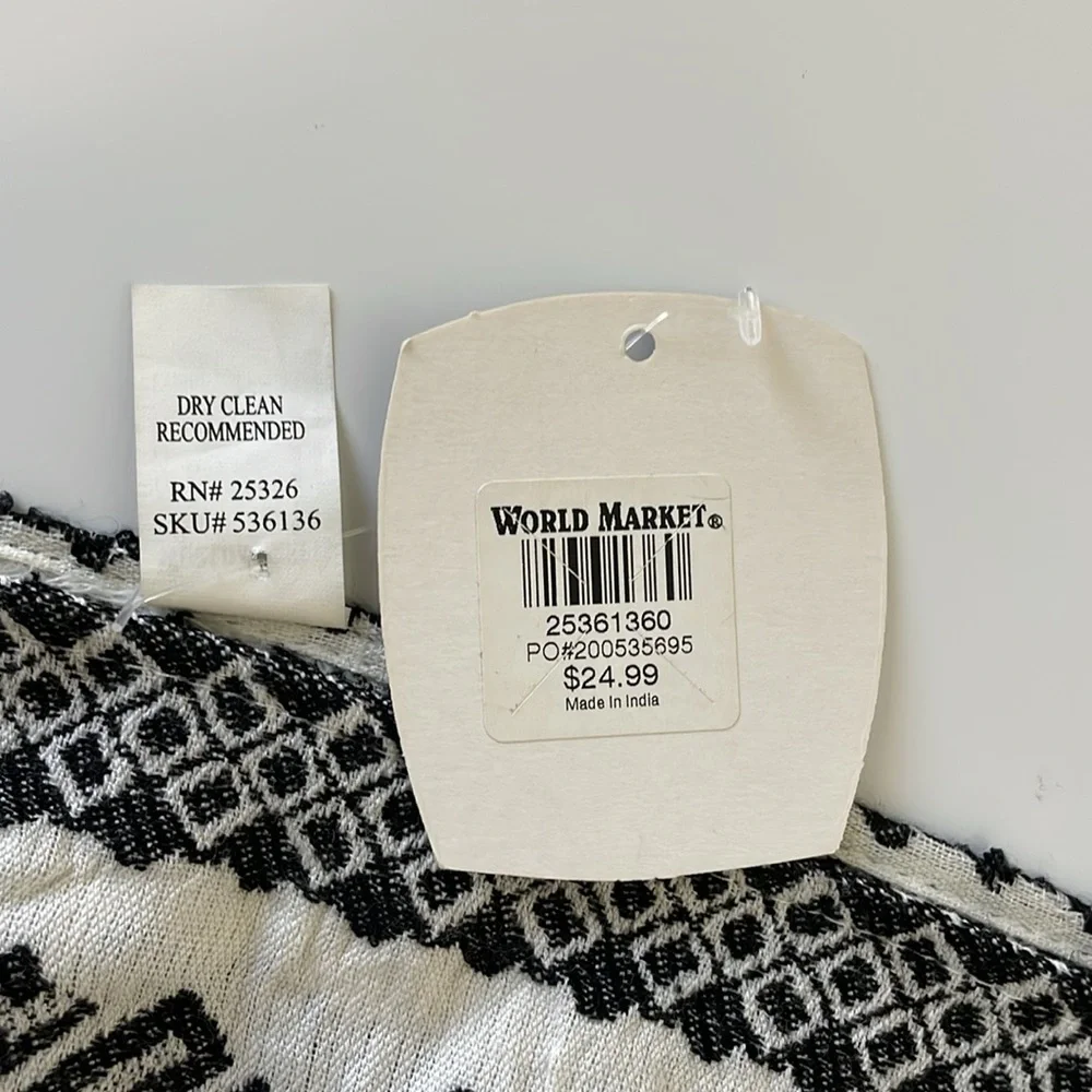 World Market 40” square scarf wrap with tassels. Off white & black. New with tag